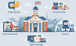 Illustration of a UK town council building with icons showing key challenges: budget squeeze, service demands, governance and audit, vacancies, and digital challenges.