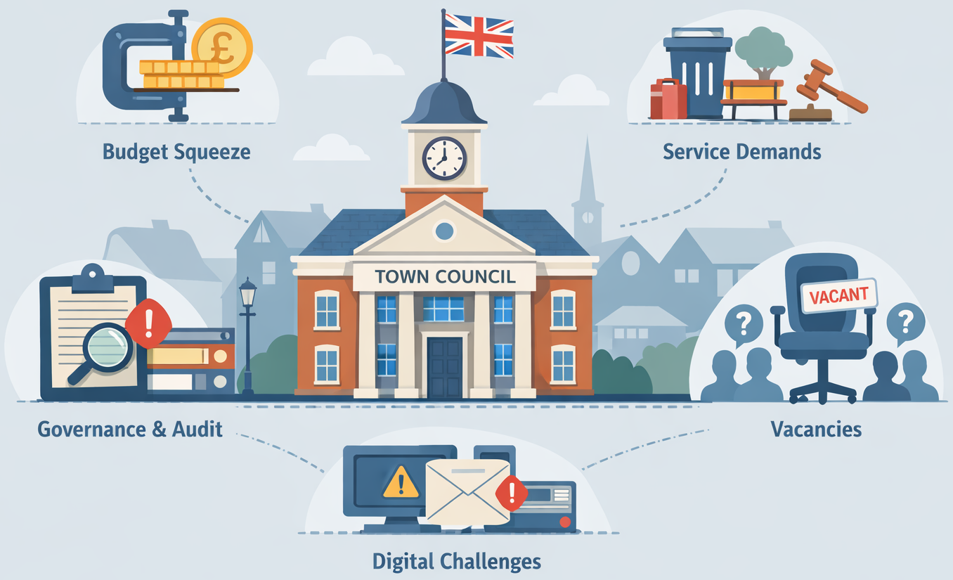 Illustration of a UK town council building with icons showing key challenges: budget squeeze, service demands, governance and audit, vacancies, and digital challenges.